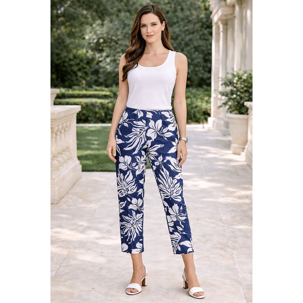 LAUREN RALPH LAUREN Floral Pants Blue White Straight Crop 4 Cotton Blend Women's